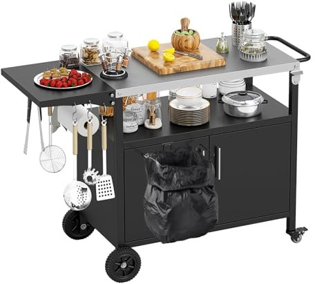 GOPLUS Desserte Jardin pour Plancha Barbecue 3 Niveaux, Îlot Cuisine avec Plan de Travail Pliant,Porte-Serviettes, 6 Crochets,Mobile Préparation Exterieur,Charge 100KG