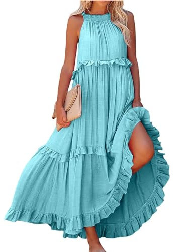 Sommerkleid Damen Elegant Summer Dress Rockabilly Kleider Sommer Outfits Blusenkleid Business Kleid Kaftan Brautmutterkleider Für Hochzeit Hemdblusenkleid Festkleider Damen Kleid (Blau,XL)