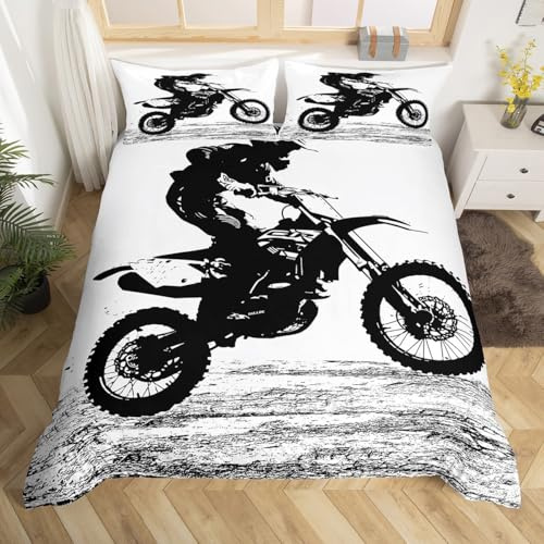 Homewish Motocross King Size Duvet Cover Sets 3 Pieces, Modern Dirt Bike Bedding Set for Boys Youth Men, Motorcycle Rider Bedding & Linen, Extreme Sports Theme Bed Sets for Boys Bedroom Decor