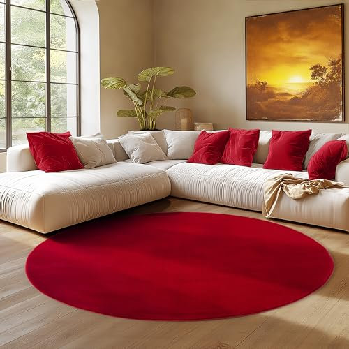 SIMPEX Runder Teppich Rot 120 cm Kurzflor Teppich Waschbar, rund, weich & rutschfest, modern einfarbiges Design für Wohnzimmer, Küche Schlafzimmer, & Kinderzimmer