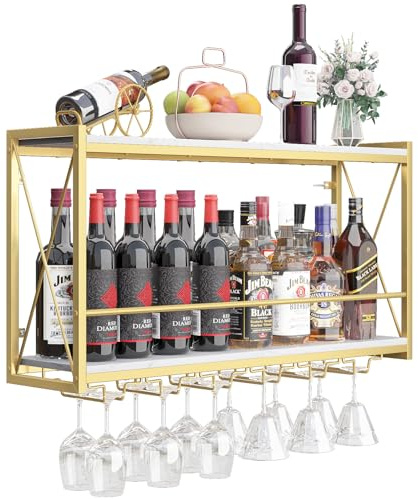Dokser Wine Rack Wall Mounted Shelf - 2 Tier, Rustic Wood & Industrial Iron Frame Wine Bottle Holder for Kitchen, Dining Room, Home Bar Decor (Gold)
