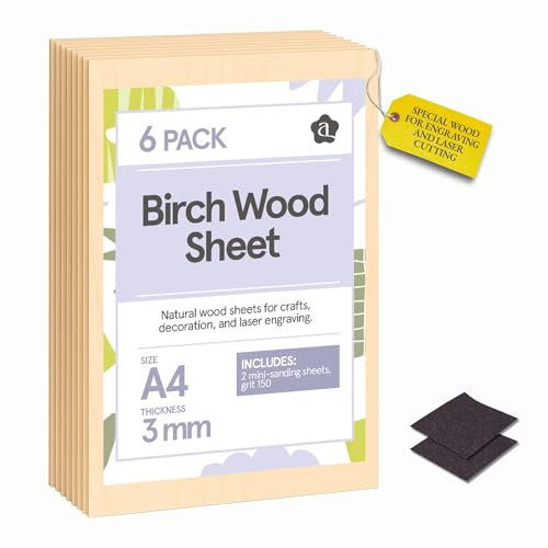 Ayurvana Láminas de Madera de Abedul Contrachapado A4 – Pack de 6 Unidades, 3 mm Grosor – Tablero de Madera para Grabado Láser, Corte CNC, Manualidades y Decoración – Incluye Lijas