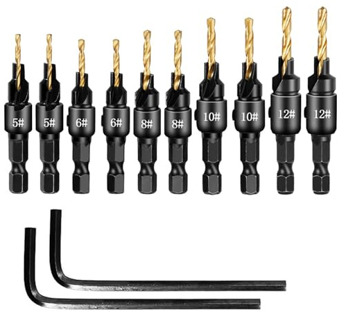 10Pcs Countersink Drill Bit Set,Titanium Plating 1/4inch Hex Shank Power Tools and HSS Quick Change Drill Bit Woodworking Chamfer Tool Adjustable for Wood Drilling,Plastic,Soft Metal,PVC