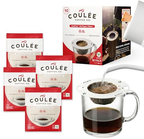 Coulée EcoPour O.G. Coffee, All Paper Single Serve Pour Over Colombian Coffee, Medium Roast, Use for Camping or Traveling, Pre Filled Compostable, All Paper Filters, Ready to Brew with Hot Water, Plastic Free, 10 Pack