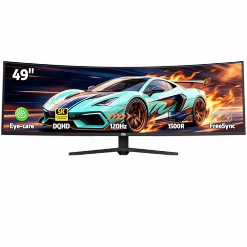 ZZA 49 Curved Gaming Monitor | 49 Inch Screen, 5120x1440 Dual QHD, 120Hz, 1500R, 32:9 Ultra-Wide, AMD FreeSync, 120% sRGB, Height Adjustable, HDMI 2.1 & DisplayPort, VESA Mount
