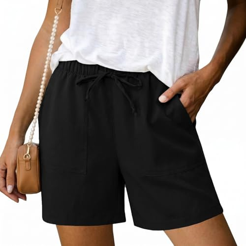 Uniexcosm Shorts Damen Sommer Bermuda Shorts High Waist, Locker Kurze Hose mit Taschen Atmungsaktive Viskose Stoffhose für Urlaub Strand Alltag Schwarz 3XL B:Schwarz L