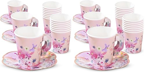 Talking Tables 12 Pack Tazas de Papel con Asas y Platos para Niñas Fiesta Té Vintage Decoración Ecológicas Reutilizables BCORP 8cm Diámetro (Paquete de 2)