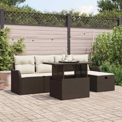 Ziaphsol Garten-Sofa-Set mit Kissen, 6-teilig, Braun, Poly Rattan, Modular, Höhenverstellbarer Tisch für Outdoor-Lounges, Wetterfest