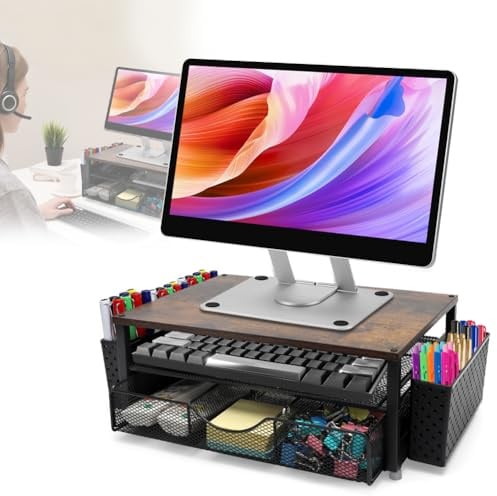 CEWROM Monitorständer– Ergonomische Monitor Erhöhung für Schreibtisch, Büro Organizer mit 3-stufigem Schubladensystem & Stiftehaltern, Bildschirmerhöhung für Homeoffice Ausstattung (36×25×15 cm)