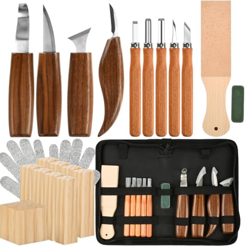 BOPEUY 23pcs Kit Sculpture Bois, Kit de Sculpture Sur Bois avec 5 Couteaux à Détails, 4 Couteaux à Sculpter, 9 Bois à Sculpter, Pâte à Polir, Gants, Sac PU, Kit Sculpture Sur Bois, pour débutants&pros