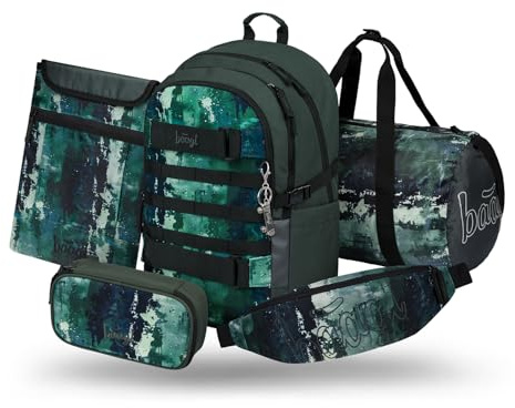 Baagl Schulrucksack Set Jungen 5 Teilig Skateboard Schultasche 25 - Forest | Ergonomischer Schulranzen und Ranzen für die Grundschule ab 3. Klasse bietet einen Brustgurt für Komfort an Schultagen.