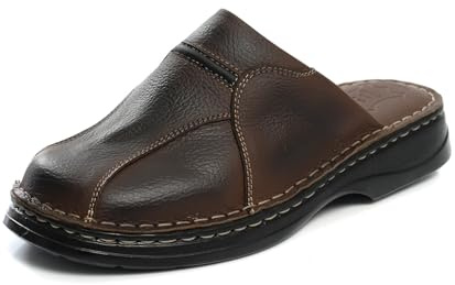 Rimo-Genuine Touch Pantoufles en cuir pour homme – Pantoufles et sabots confortables en cuir véritable, faits à la main, semelle antidérapante, tailles 41-47, marron, 44 EU