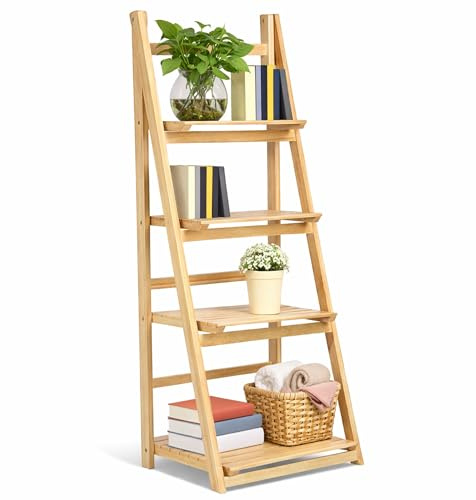 ZMR SHOP CRAFT 4 Tier Wooden Ladder Shelf Unit – Folding Standing Shelving Unit for Bathroom, Bedroom & Balcony – Narrow Plant Stand, Bookcase & Storage Rack – 42 x 35 x 113 cm