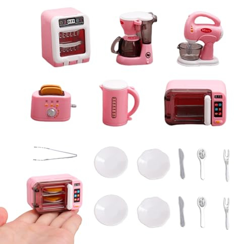 17 PCS Mini Kitchen Toy Set, Mini Dishwasher, Coffee Machine, Microwave, Toaster with Utensils, Pretend Play Kitchen Accessories for Imaginative Fun (Pink)