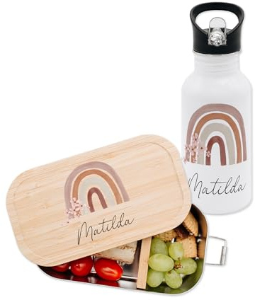 Bärenfreunde Kindergarten Set Brotdose Trinkflasche mit Namen, Jausenbox | Personalisierte Lunchbox und Wasserflasche für Schule oder Kita, Edelstahl Vesperbox mit Bambusdeckel, Mädchen