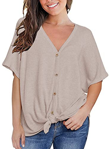 MIHOLL Womens Loose Blouse Short Sleeve V Neck Button Down T Shirts Tie Front Knot Casual Tops - brown - X-Large