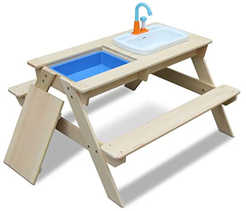 Coemo Kindersitzgruppe und Sand- und Wasserspieltisch Robin Matschtisch mit Waschbecken Picknicktisch Wasserbecken mit angeschlossenem Wasserhahn