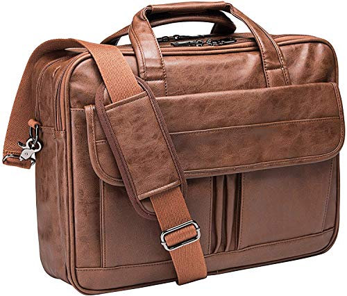 seyfocnia Mens Laptop Bag,17.3 Inch PU Leather Messenger Bag Water Resistant Business Travel Briefcase, Work Computer Bag Satchel Bag Husband(Brown)
