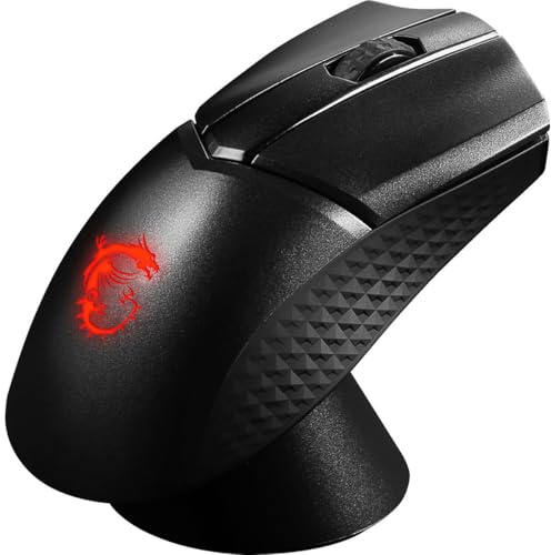 MSI Clutch GM31 - Ratón ergonómico inalámbrico ligero para juegos y base de carga, sensor óptico de 12 K DPI, interruptores Omron de 60 m, batería de carga rápida de 110 horas, luz mística RGB, 5