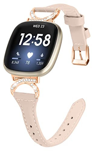 Gimuk Lederarmband kompatibel mit Fitbit Versa 4/Sense 2, Damen-Sportarmband aus echtem Leder mit Metallbling-Strass-Verzierung, 5.5 - 8.1, Leder