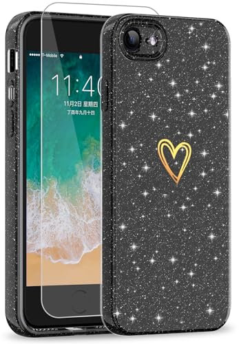ScandiCasis iPhone 7/8/Se Glitter Case with 1 Pack Screen Protector, Cute Heart Pattern Protective Shockproof Soft Slim Silicone TPU Phone Case for Women Girls