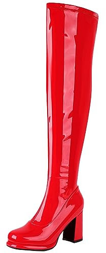 Smilice Stivali sopra il ginocchio con plateau da donna con cerniera e tacco grosso, Colore: rosso, 40 EU