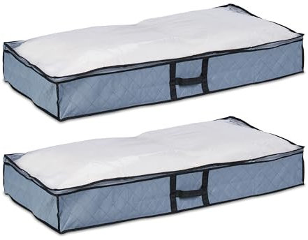 Relaxdays Unterbettkommode 2er Set, Stoff, HxBxT: 14x100x50 cm, mit Sichtfenster, Unterbettbox flach, grau/transparent