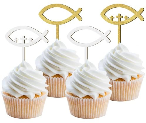 12 Stück Glitzer Holz Cupcake Toppers Kommunion, Tortendeko Konfirmation Mädchen, Holz Fische Cake Topper Kommunion Taufe Deko für Erstekommunion Deko Junge, Taufe Party Dekoration (Fisch Gold)