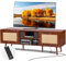 VEVOR Rattan-TV-Ständer, moderner TV-Schrank für 165 cm Fernseher, Boho-Rattan-Ferhsehschrank mit eingebauter Steckdose & USB-Anschlüssen, verstellbare Regale für Wohnzimmer, Medienraum, Walnuss