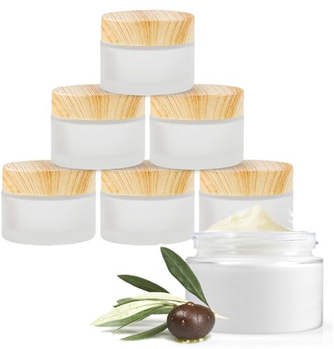 FORYNXHWIN 6 Pièces 30ml Pots de Crème Vides, pot en verre dépoli, Contenant Cosmetique, Contenants Rechargeables, Pot cosmétique avec couvercle en grain de bois,pour Crème, lotion, Poudre