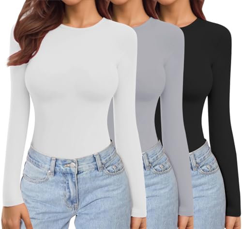 Ekouaer Womens 3 Pack Long Sleeve Tops Crew Neck Shirts Thermal Tops Set Stretch Fitted Underscrubs Layer Tee Black + Light Grey + White XL