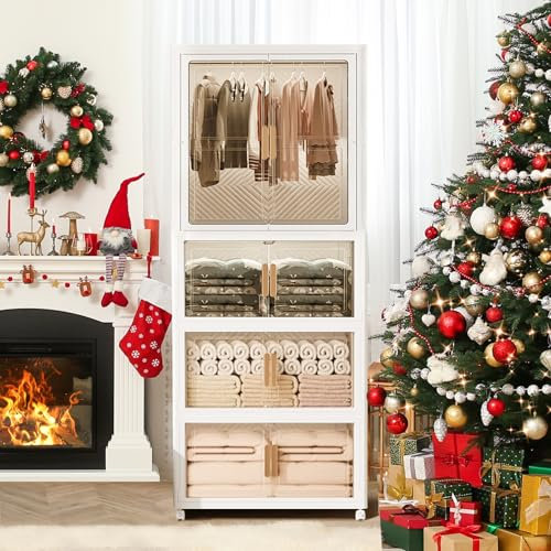 ELPHECO kleiderschrank Kunststoff Faltbarer Kleiderschrank, 70 x 46 x194 cm (L x B x H), Großer Faltschrank mit Magnettüren (1 Aufhängung + 3 Aufbewahrungen)