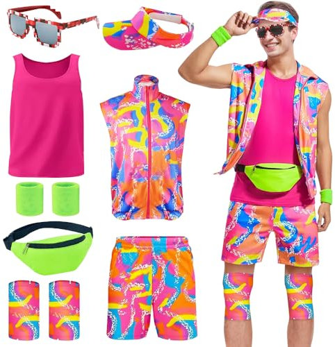 BITOYO 80er Jahre Outfit Herren, 80er Jahre Workout Kostüme Set mit Bauchtasche, Sonnenblendenhut, Handgelenkbändern, Knieschützern und Gläser für Karneval Halloween oder Cosplay Kleidung (M)