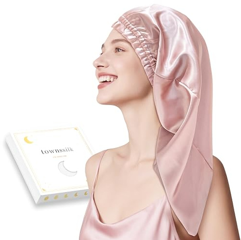Cuffia di seta per dormire, 100% 22 Momme seta di gelso, lussuosa, traspirante, adatta in modo sicuro durante la notte e senza pressione, ideale per capelli lunghi e ricci