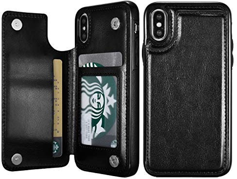 UEEBAI Case for iPhone X XS, Luxury PU Leather Case with [Two Magnetic Clasp] [Card Slots] Stand Function Durable Soft TPU Case Back Wallet Flip Cover for iPhone X/XS - Black