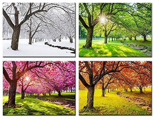 KREATIVE ARTS 4-teiliges Leinwandbild, Frühling, Sommer, Herbst, Winter, vier Jahreszeiten, Landschaft, buntes Baumgemälde, Bilddrucke, modernes Giclée-Kunstwerk, gespannt, gerahmt, Badezimmer, 40,6 x