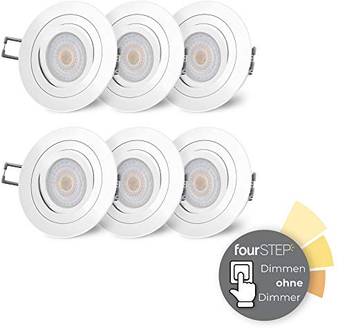 SSC-LUXon 6 Stück RF-2 LED Einbaustrahler flach 4W neutralweiß fourSTEP Dimmen ohne Dimmer - Downlight weiss 230V schwenkbar