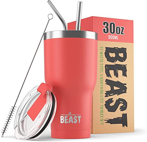 Beast Thermobecher 900 ml - Koralle I Mehrweg Thermo Kaffeebecher To Go mit 2 Strohhalmen & Reinigungsbürste I Doppelwandiger Trinkbecher aus Edelstahl I Perfekt für Kaffee oder Eiskaffee I BPA-frei