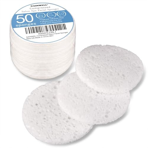50-Count Compressed Facial Sponge, GAINWELL White Cellulose 100% Natural Cosmetic Spa Sponges for Facial Cleansing, Exfoliating Mask, Makeup Removal