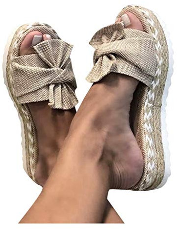 Sandales Plates Femme Bout Ouvert Pantoufles Slip-on Été Claquettes Nu Pieds Semelle Compensée Confortable Chaussures Antidérapant de Plage Wedges Platform Slipper Bohemia Beach Sandals (Kaki, 41)