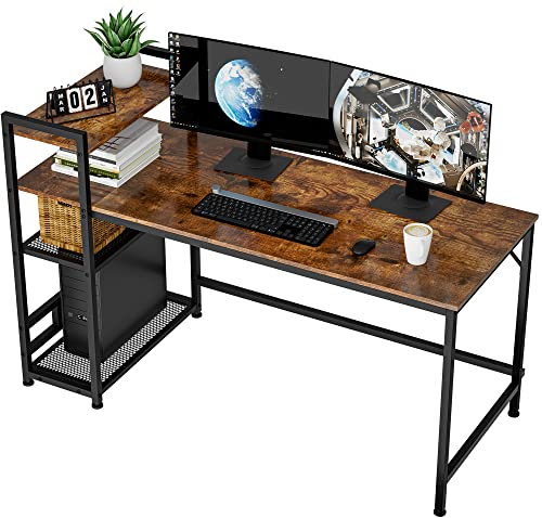 HOMIDEC Desk, 140x60cm Computer Desk with Bookshelf, 110cm Height Study Computer Laptop Table with 4 Tier DIY Storage Shelves Writing Table for Home Office Bedroom
