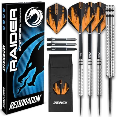 RED DRAGON Raider 1: 23 Gramm Wolframpfeil-Set mit Stahlspitze - Professionelle Dartpfeile mit Schäften (Stielen), Flügen und Checkout-Karte - Wahl der Farbe verfügbar