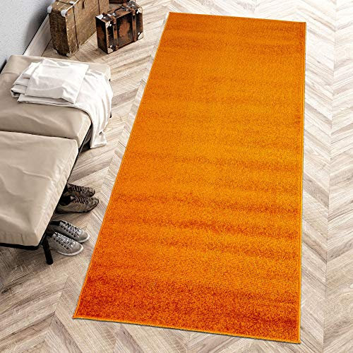 Carpeto Rugs Modern Läufer Flur Teppich Einfarbig Muster - Flauschige Flachflor Teppiche für Wohnzimmer, Schlafzimmer, Kinderzimmer - Kurzflor in Versch. Größen Pastell Farben Orange 70 x 300 cm