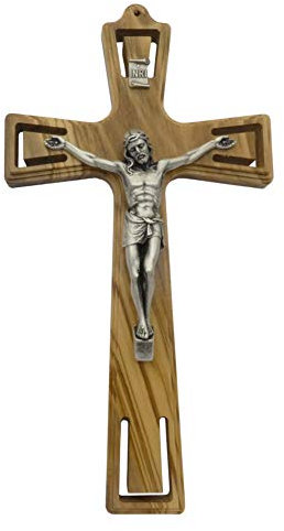 Wandkreuz Olivenholz Natur Kruzifix Moderne Form Christus Körper Metall Silber 20 x 11,5 cm Schmuckkreuz Holzkreuz