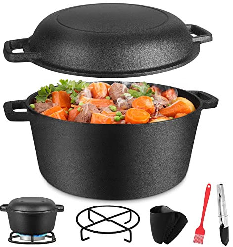 Gifort Dutch Oven, Gusseisen Topf Schmortopf Bräter mit Deckel für BBQ Küche Camping Brot Backen, Feuertopf Set mit Rack, Zange, Bürste und Clips