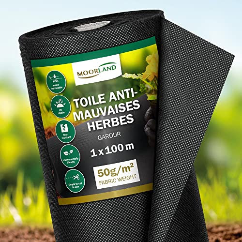 Moorland Gardur Toile Anti Mauvaises Herbes Jardin 100 m² Ancheur 1 m Permeable à l’Eau – Toile Paillage Anti Mauvaises Herbes 100% Recyclable Résistant aux UV Noir – pour Jardins et Terrasses