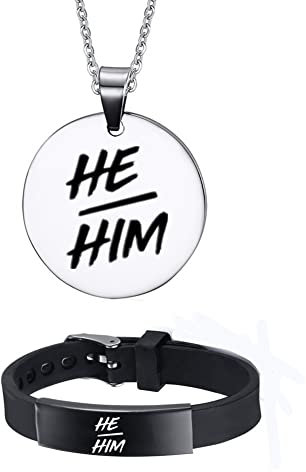 He Him Pronomen Nichtbinär Erinnerungs Schmuck, NB Pride Genderqueer Silikon Armband Halskette für Set Erwachsene Kinder Seine Geschlechts Identität ID Armbänder für Männer Jungen, 2 Stück