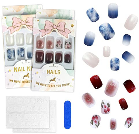 Andiker Press-On Nails, 2 Styles Reusable Fake Nails Square and Short Nails with Prep Mini File and 2 Sheets of Jelly Glue, DIY Press-On Manicure for Women Ladies (moonlight+ red plum)