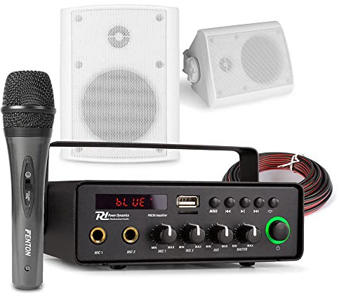 12V Powered Outdoor PA System with Mic – Power Dynamics PDC30 Amplifier, 2x BGO40 4-inch Weatherproof Speakers, Bluetooth, Vehicle Announcements, Music Playback, Caravan & Truck Audio System