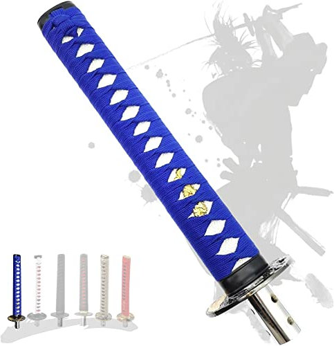JINGLING Schaltknauf Samurai-Schwert Katana Manual Stick AT MT Auto Universal Custom Schalthebelkopf mit 4 Arten von Adaptern (Blau und Weiß, 30,8 cm)